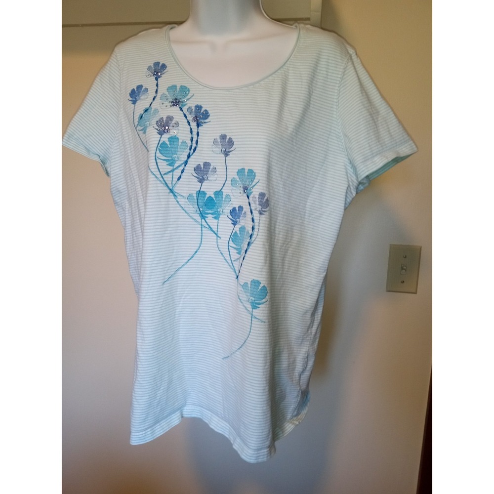 Women's LAURA SCOTT‎ Striped & Floral Top w/Rhinestone, Size XL